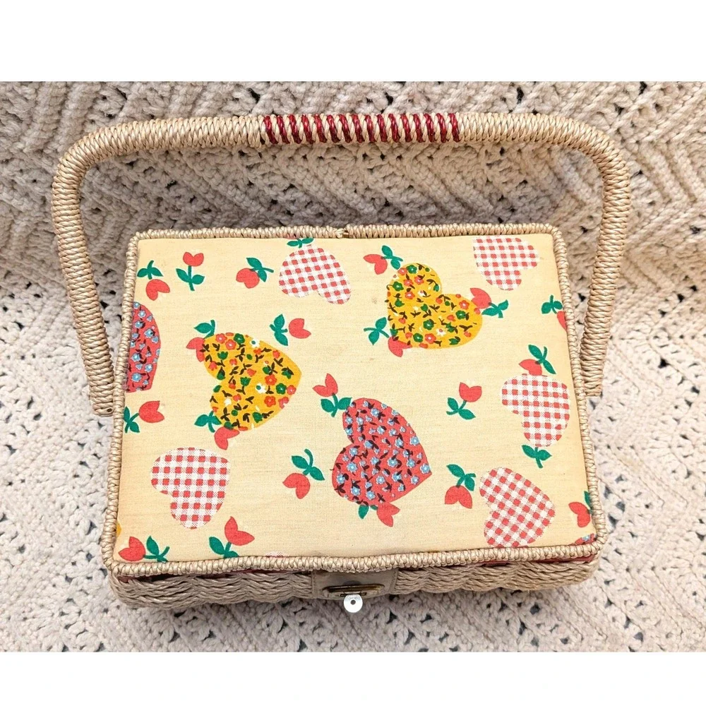 Vintage Wicker Sewing Basket Fun Retro Heart Print Padded Lid Craft Storage